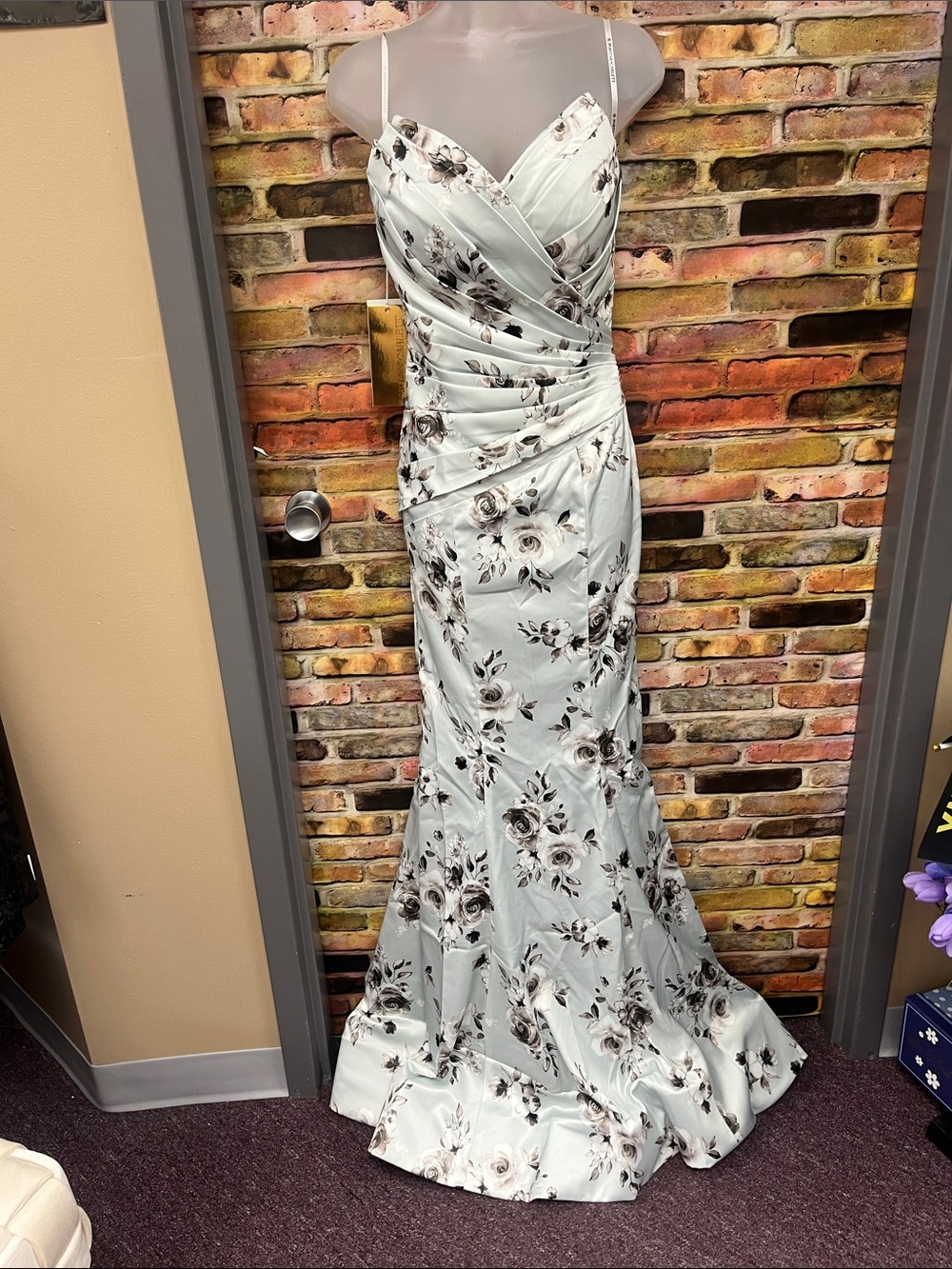 Portia and Scarlett light blue Floral Satin Wrap-Style Gown